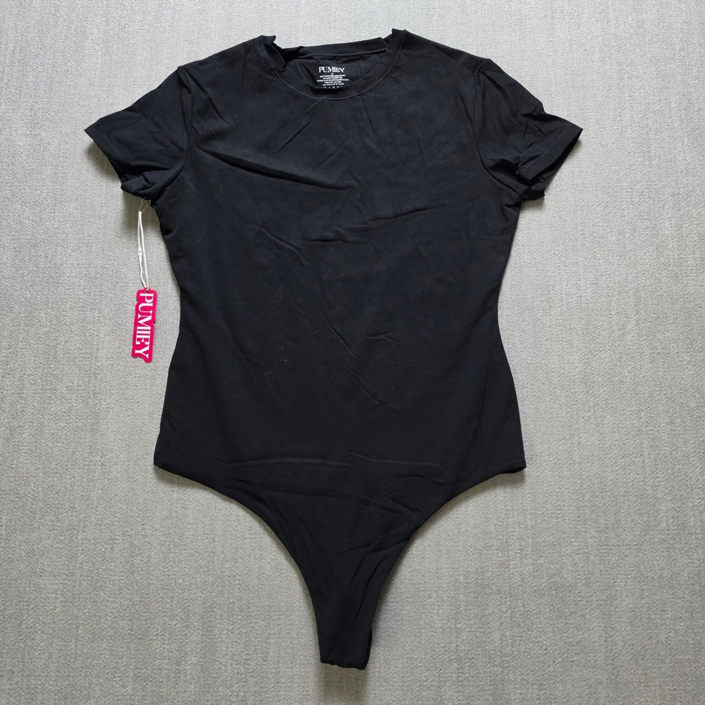 PUMIEY Bodysuit Women Medium Black Short Sleeve Crew Neck Thong Base Layer